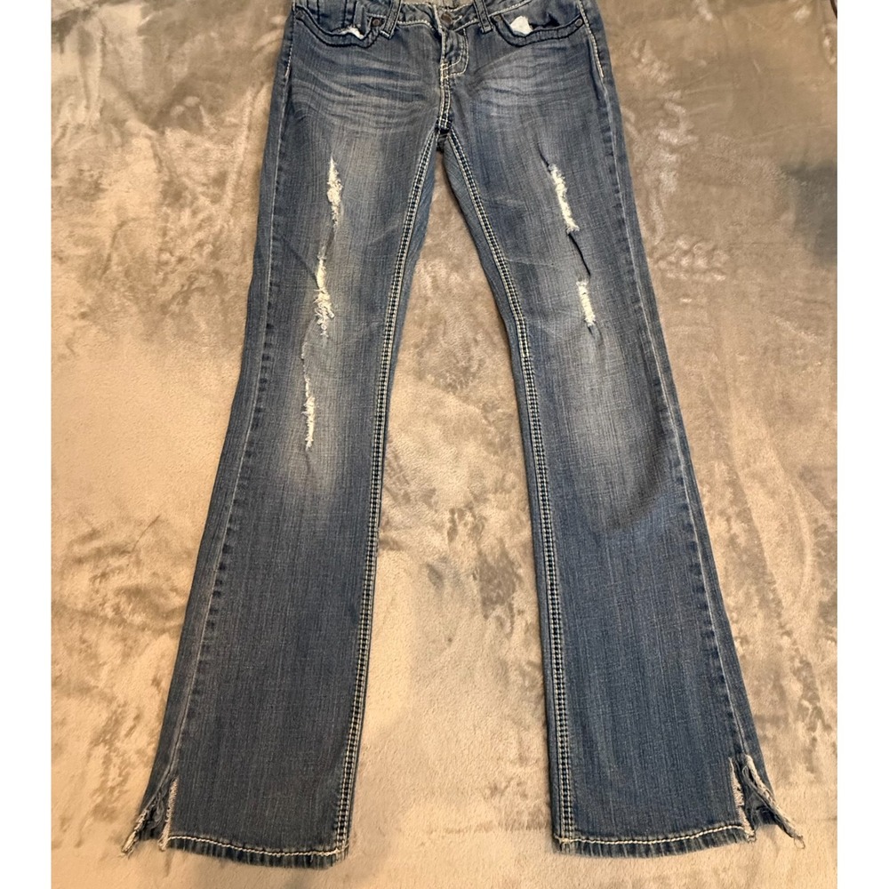 Blue Asphalt Distressed Flare Jeans Women's Size 7 R Medium Wash Y2K